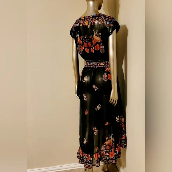 NWOT Floral Shirred Waist Tie Front Ruffle Hem Boho Sheer Dress Sz M - Picture 11 of 16